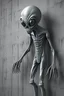Placeholder: a gray alien standing by a wall pissing on wall back view he turned face to you scared