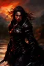 Placeholder: A formidable warrior girl in black armor, on the background Amazing gloomy landscape, flooded with sunset, mountains, trees, fabulous scary hero, , juicy emotions, painting, dark fantasy, bad weather, gloomy day, dark world, by Raymond Swanland & Alyssa Monks & Anna Razumovskaya