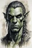 Placeholder: highly detailed ink wash and watercolor character portrait of the face of a handsome young male Orc/Elf , tall, slender humanoid with rough, leathery skin and bright black eyes, sunken deeply in their orbits, long and angular skull with small, highly placed flat nose, and ears that are pointed. Highly detailed hair long hair in braids, rough hewn facial features, in the comic art style of Bill Sienkiewicz, Mike Mignola, Alex Pardee, and Jean-Giraud Moebius, boldly inked and sharply defined