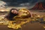 Placeholder: A hyper-realistic photo, beautiful face woman lying on ground disintegrating into gold dripping ink and slime::1 ink dropping in water, molten lava, long legs, 4 hyperrealism, intricate and ultra-realistic details, cinematic dramatic light, cinematic film,Otherworldly dramatic stormy sky and empty desert in the background 64K, hyperrealistic, vivid colors, , 4K ultra detail, , real , Realistic Elements, Captured In Infinite Ultra-High-Definition Image Quality And Rendering, Hyperrealism