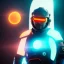 Placeholder: portrait, eternal samurai fusion space suit, floating in space, sun burning bright in background, neon light, 8k, 3d, blender