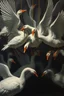 Placeholder: endless master oil painting, close up on virgin circus geese acrobats crawl in from the dark shadows, in the style of Escher and Giger