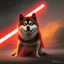 Placeholder: darth shiba inu sith lord with red light saber glowing