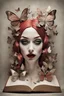 Placeholder: harley quinn. A book sculpture featuring a intricate paper cutout of a portrait of a beautiful woman surrounded by butterflies, pop-up elements, beautiful, whimsical, highly detailed, Catrin Welz-Stein and Brooke Shaden and Harrison Fisher and Marx Blair