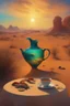 Placeholder: abstract and obsurt scene of an astraunot in the desert drinking tea at a round table, a dead fish is nearby, super realistic, 8k quality, striking colours, chaos80