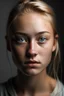 Placeholder: photo of a 20 years old girl with brown shiny eyes, blonde hair in a ponytail, deeply depressed expression, rounded cheeks with some freckles, fit strong body