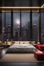 Placeholder: fancy, modern, luxury, big bedroom, minimalism, royal, gold, black, white, red, big window overlooking fancy big city at the night, office room, mafia vibe