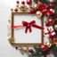 Placeholder: Christmas minimal background, with scattered bells, wreaths, ribbons, presents and ornaments around the frame, gold, red and green tones, white background