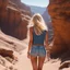 Placeholder: The scene opens with a blonde, glamorous girl walking through a canyon, in a pair of denim mini short that cling to her every curve. The canyon exhibits rocky bumps with alien helmets that glisten in the soft light. The way her curves sway with each step, the way her hair cascades down her back, all add to the irresistible magnetism. Viewed from the back, her silhouette against the backdrop of the otherworldly helmets creates a striking image of beauty and intrigue.