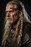 Placeholder: portrait of a 60-year-old viking ,blonde beard and long blond hair with Two small braids. Rugged face with a scar on his cheek. dark fantasy