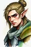 Placeholder: create a male fantasy dnd elf RPG portrait character illustration medium length hair in a bun face tattoo soft features armor in the art style of Wayne Reynolds, ink wash and watercolor, 8k, ArtStation, DeviantArt