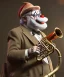 Placeholder: mechanoid old friendly fat clown with trimmed beard playing jazz with a steampunk theme, trumpet, realistic