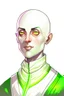 Placeholder: full color portrait drawing, portrait, 22-year old friendly female human cleric, shaved head, light eyebrows, grey eyes, wearing white (10%) and dark green (80%)