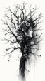 Placeholder: double exposure dry tree with fantasy flowers and profil one fairy face, black and gray watercolor illustration with weet ink, deep dark , surreal, dramatic atmosphere. intricate, stunning textures , mystery. stunning illustration