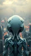 Placeholder: Photoreal Gorgeous godlike white alien cyborg rear view looking over a futuristic nuclear distraction of a city , otherworldly creature, in the style of fantasy movies, photorealistic, bokeh masterpiece smooth shading, ultra detailed, high resolution, cinematic, unreal 6, subtle shadows, octane render, 8k, cinema 4d, HDR, dust effect, vivid colors