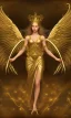 Placeholder: Angel with big wings and golden crown floating above the ground in the dark, forestSorrow