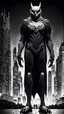 Placeholder: Owlman linear image full body, black and white color fondo ciudad