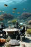 Placeholder: 2 divers in full gear sitting at a round table having tea, the table is on the bottom of the dried out ocean, no water, around them are shattered dead fish, dead starfish, ship reck, 8 k realistic