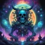 Placeholder: A massive, psychedelic entity of ancient bone, a colossal skull creature with eyes of glowing, hallucinatory galaxies, sits amidst the swirling, neon-drenched nebulae of a cosmic graveyard. Its skeletal hands, textured with fractal growths of glowing lichen and impossible mineral formations, gently pluck the strings of an ornate, glowing lyre. The lyre itself is a celestial artifact, carved from cosmic wood and inlaid with shimmering shards of dying stars and pulsating, crystalline geometric str