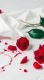 Placeholder: blonde hair strands cuts . white fabric background. measuring tape .drops of blood.red rose.cinematic