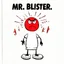 Placeholder: Mr. Men children's book aesthetic title text "Mr. Blister" with a simple color drawing of a whimsical anthropomorphic angry red pulsing blister sore with pain lines emanating, composition in style of Roger Hargreaves, negative white space