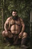 Placeholder: Full human figure shot photo captures a chubby 34-year-old turkish farmer, burly frame with a prominent broken nose, an extensive silver beard cascading down, emanating strength through a muscular, beefy physique, shirtless to reveal a robust chest and wide shoulders, side-lit in a shadowy space, perspective from the ground, photorealistic, ultra clear, dramatic lighting, cinematic.