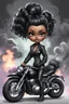 Placeholder: Create a digital airbrush illustration of a chibi cartoon full figure black female riding a sports motorcycle. She is wearing tie dye and black tights with biker boots. Prominent make up with log lashes and hazel eyes. Extremely highly detailed black shiny wavy hair up in a messy bun. Background of smoke surrounding her and the bike and she's at a bike show.