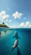 Placeholder: A view of a white shark under the water near a beach where children are swimming , a half view over the water in style painting of Bosch style
