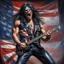 Placeholder: Eddie from Iron Maiden as a muscular heavy metal guitarist with long black hair, wearing sleeveless leather suit in pattern of British Flag, screaming on stage, playing guitar, professional concert photography, spotlight, intricately detailed, cinematic, matte oil painting, dynamic composition