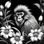 Placeholder: colorless mandrill between seeds and big flowers black background .black and white colors. for a coloring.