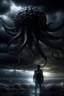 Placeholder: Digital art, high quality, digital masterpiece, natural illumination, stormy day, spotlight, realistic, film style, beautiful, (full body:3), (1 large tentacle descending from the sky, along with white lightnings:3), (multiple eyes:1.8), (crazy eyes:1.6), black tentacle, dark tones, sad sky, rainy, (Ancient temple:1.8)