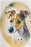 Placeholder: abstract watercolour of a jack Russell dog’s head in the style of Valerie Davide with bifurcated circles and thin pencil lines