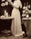 Placeholder: woman in 1930s gown standing near small table with flowers, gauzy white curtains, dreamlike, sepia photography, 8k resolution, high-quality, fine-detail, intricate, detailed matte, volumetric lighting, photo-realistic, candles, translucent gown, illustration, 3D octane render, brian froud, howard lyon, selina french, anna dittmann, annie stokes, lisa parker, greg rutowski,