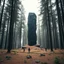 Placeholder: Photograph of a forest, giant and odd black object rises from the earth, details of the stone very accentuated, brutalist style, people, powder, shot on hasselblad h6d400c --ar 85:128 --v 6.0, minimaximalist, detailed, 8k, deep 3d field