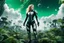 Placeholder: Wide angle photo of a sci-fi woman with blond hair, silver and black futuristic spacesuit looking android-like, standing on an alien jungle planet with cloud trees in multiple green hues