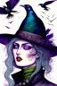 Placeholder: Witch, playing with crows, perfect iris, ink and pencil, pastel colours, style Elizabeth Kreitz