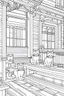 Placeholder: kids coloring page, Cats on the porch, cartoon style, thick lines, low detail, no shading