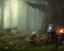 Placeholder: The Witcher, Geralt of Rivia, Jaskier the Bard, forest scene, around a campfire, Jaskier playing his lute, monster lurking in background behind a tree, DSLR, panorama, complementary colours, splash of colour, hyperrealism, 8k resolution concept art, intricately detailed