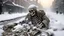 Placeholder: British soldier SKELETON FROM WORLD WAR ONE, half buried in a snowy london street 1898, the snow, alien creature feeds on his corpse, , SNOW ON THE GROUND, BURNING DEBRI LIES ALL AROUND, PHOTO REALISTIC, EPIC, CINEMATIC