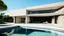 Placeholder: This image showcases a modern architectural style house with a minimalist design. The layout features clean, angular lines and a flat roof. The exterior walls are made of light-colored concrete, and there are three small square windows on the left side. The house has a large open space that leads to a pool with clear blue water in the foreground, where a few people are swimming and enjoying themselves. The pool area is surrounded by a concrete wall on the right. The sky is partly cloudy, adding