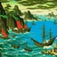 Placeholder: A cerulean bay with pirate ships painted by Utagawa Hiroshige