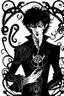 Placeholder: black haired young man necromancer wizard with gothic jewelry and tentacle fingers in the style of Aubrey Beardsley