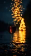 Placeholder: a glass, on river water surface dark background with stars a bottle of wine and a sparkling lights dots