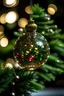 Placeholder: a small, detailed, glass bobble shape ornament hanging on a Christmas tree branch, full Christmas's background decorated