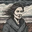 Placeholder: A portrait of a woman in the coast of Devon at stormy weather painted by fine linocut