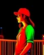 Placeholder: woman with a red baseball hat. leaning on a wooden balcony. night time. fantasy. anime.