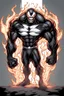 Placeholder: Imagine a strong, confident supervillain drawn in a black and white manga style. He's a mix of Venom, Alien X, Joker, and Ghost Rider. This villain is muscular with 10 abs, powerful arms, legs, and a sturdy neck. His eyes are fiery and his jawline is strong. He stands tall, radiating power, and smirks menacingly. The spikes on his shoulders, elbows, eyebrows, and head are like orange lava. These details create a dangerous vibe. The art is hand-drawn with delicate touches, capturing his feature