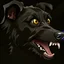 Placeholder: illustration of an angry furry black terrier on black background, yellow eyes
