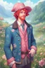 Placeholder: kind sailor, man, red slightly curly hair, long jacket, pink-azure clothes, pink-azure cocked hat, white floral pattern on the jacket, a flower in the hair, stardew, valley style