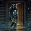 Placeholder: fantasy digital art of young anthro wolf in gray hairy wolf body and wears just a short canvas rag around her waist , sadly face in the rain front the door, behind her an tall angry anthro dark hairy wolf man and kicks her out the door, behind in rustic halb open door in an massive wooden house, deep colors, rainy day, detailed, anthropomorphic creatures, fantasy, sci-fi mood